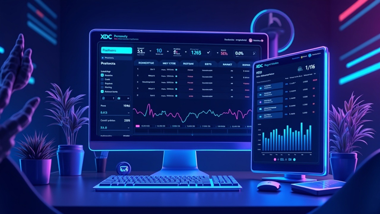 Neon crypto interface for a launch-ready XDC perpetual market with live order book and liquidity vaults
