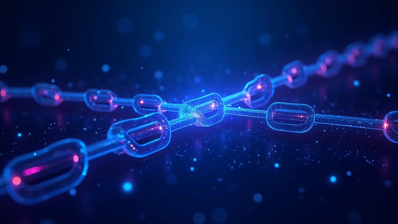 Hyperrealistic neon cross-chain bridge with fractured links and forensic data trails around a secure relay.