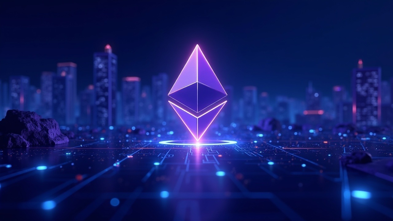 Hyperreal Ethereum mainnet scene with glowing ETH logo, streaming transaction data, neon lights, futuristic city backdrop.