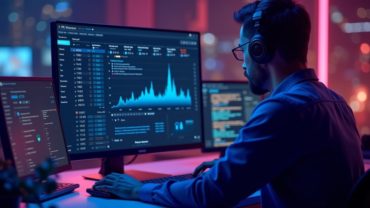 Neon-lit validator operator views historical performance on Dora explorer dashboard with epoch timelines and latency graphs.