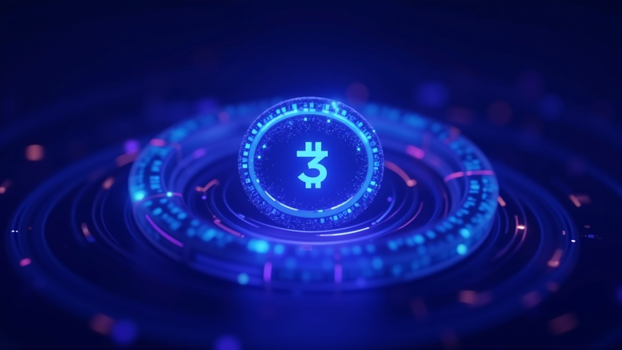 Neon 3D illustration of an autonomous AI agent issuing tokens along a bonding curve, with blue-cyan lighting.