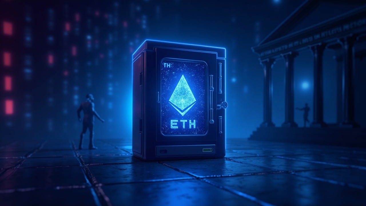 Neon, hyperreal scene of frozen ETH in a digital vault with a court silhouette and Arbitrum DAO emblem