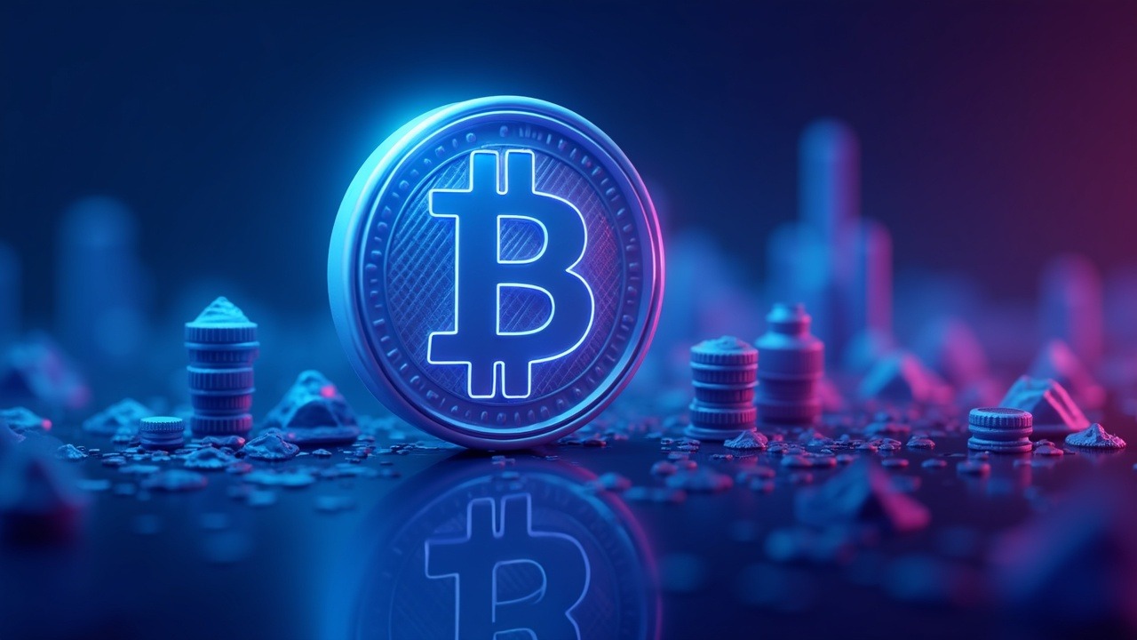 Neon-style Bitcoin at center with blue-cyan-pink glow and futuristic market backdrop, signaling de-risking pressure.