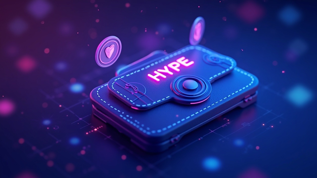 Cyberpunk crypto wallet buying and staking HYPE tokens with neon blue and purple glow.