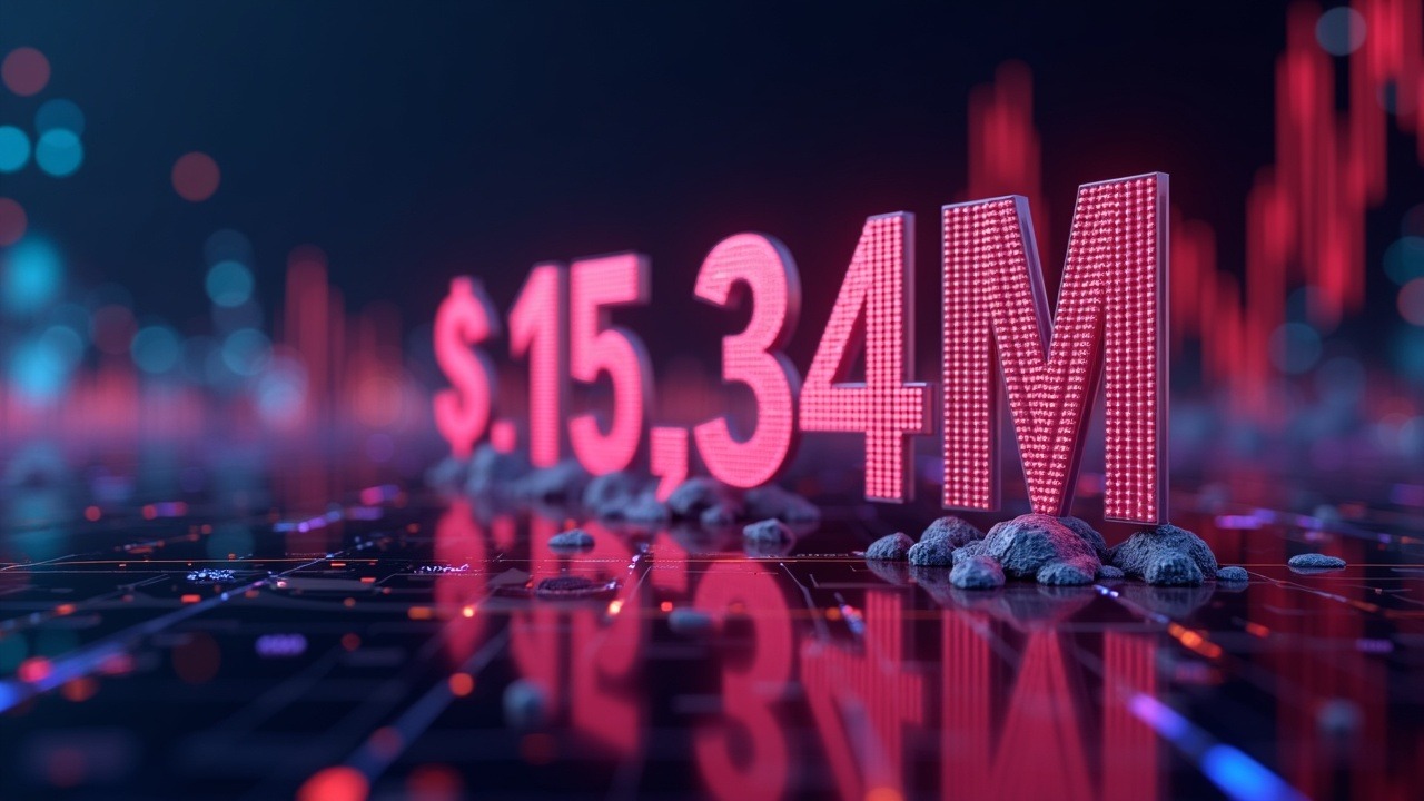 Neon crypto scene with BTC price decline, 15.34M liquidation spike and Hyperliquid glow on a futuristic trading floor.