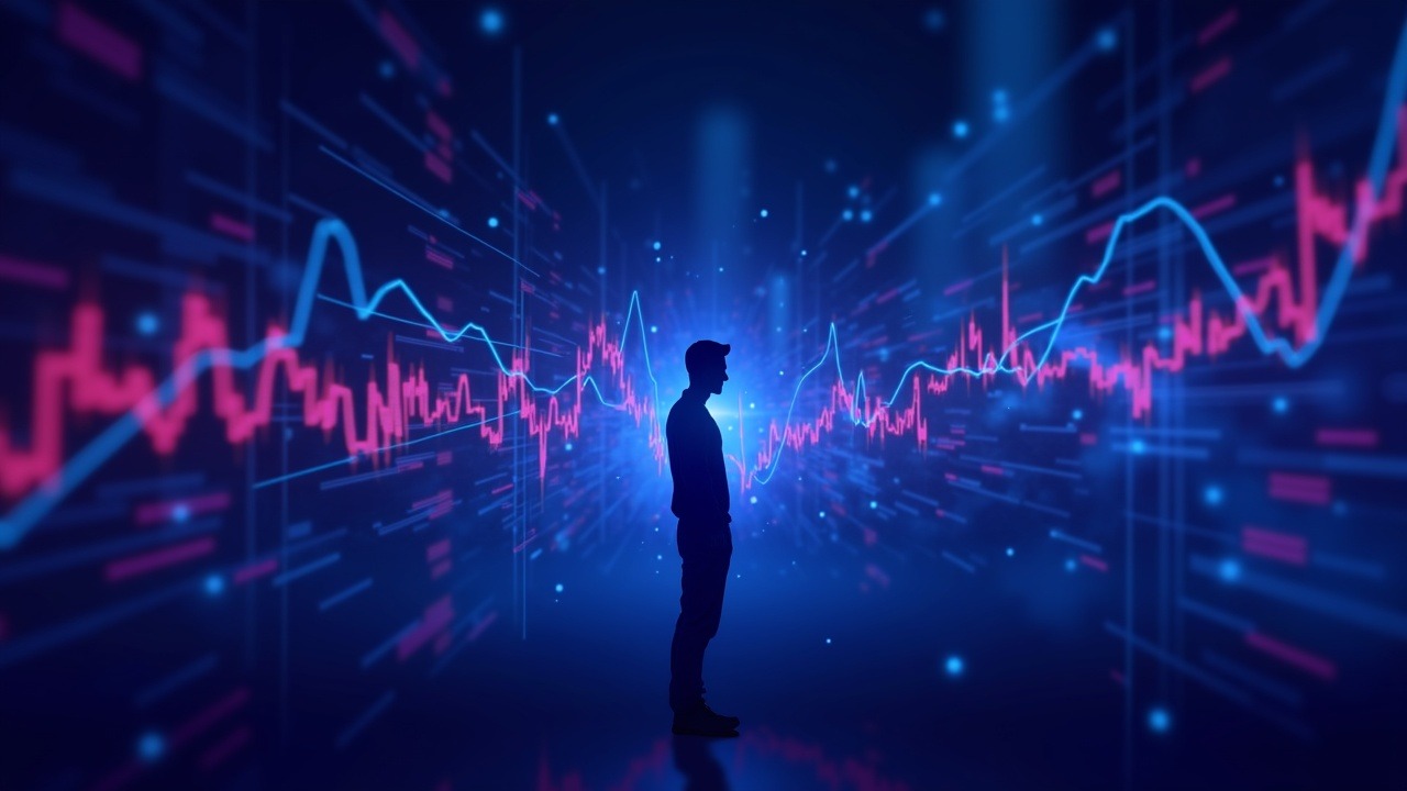 Neon on-chain perpetual markets graph for stocks and oil with distorted price lines and central trader silhouette