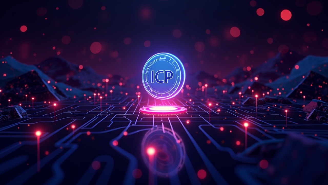 Neon techno illustration of a glowing ICP token amidst circuitry, Cloud Engines, and Caffeine AI subnets signaling deflation.