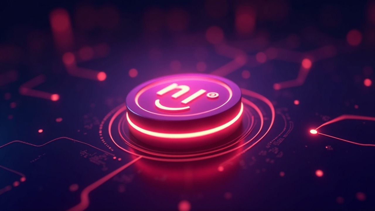 Neon 3D illustration of a glowing INJ token burning, connected to protocol revenue in a futuristic DeFi hub.