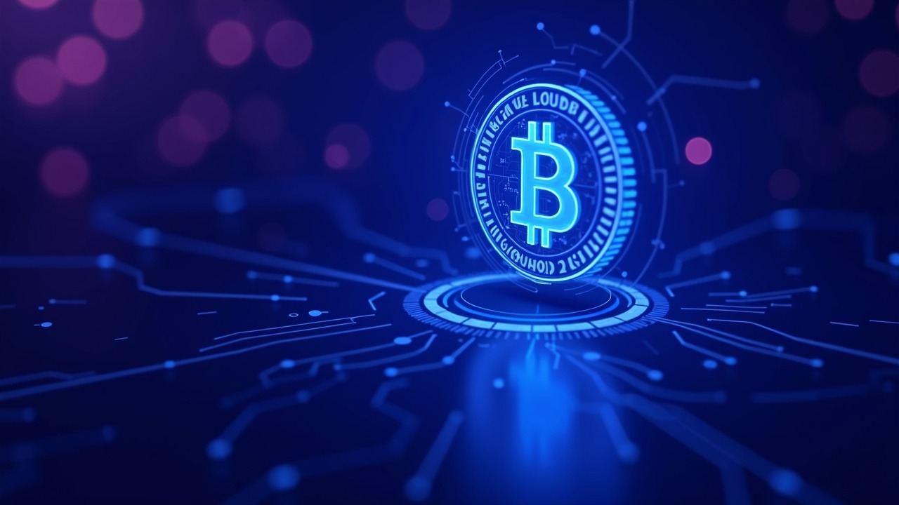 Neon AI-powered Bitcoin code scanner protecting open-source repositories with a central Bitcoin glyph and blue-purple glow.