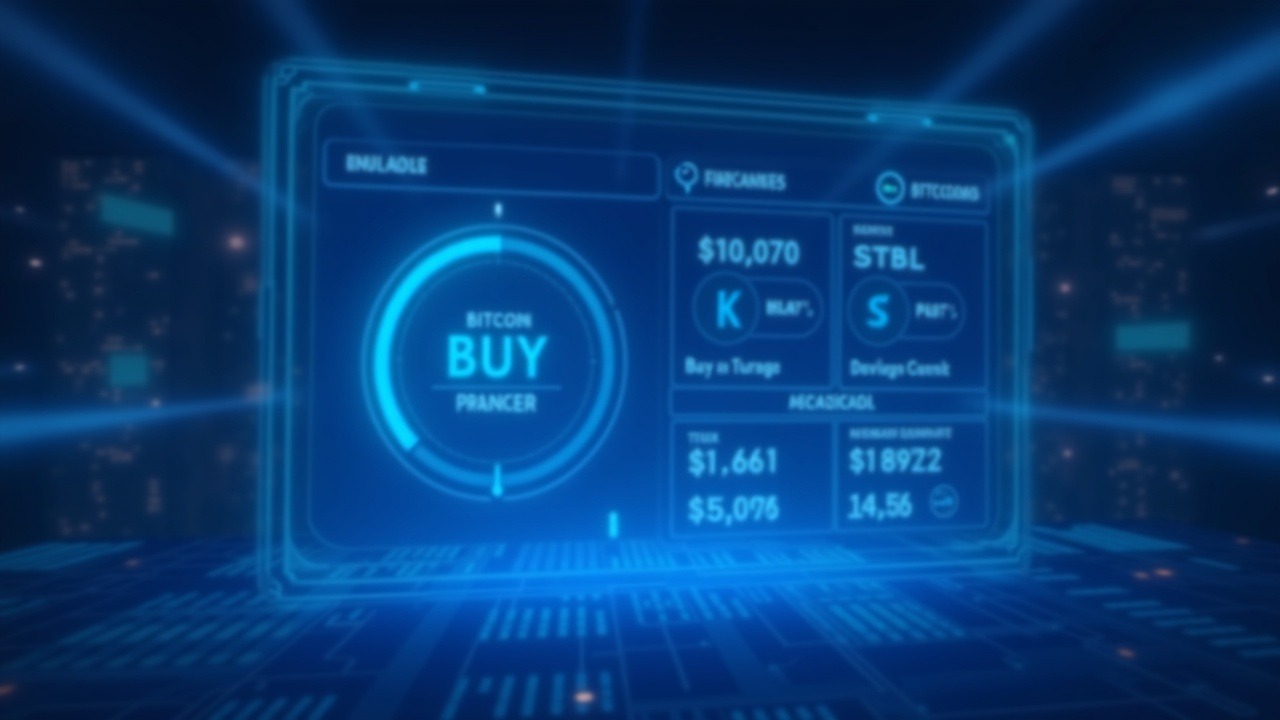 Futuristic treasury dashboard with holographic BTC and STRC financing, paused buy indicator, neon blue glow.