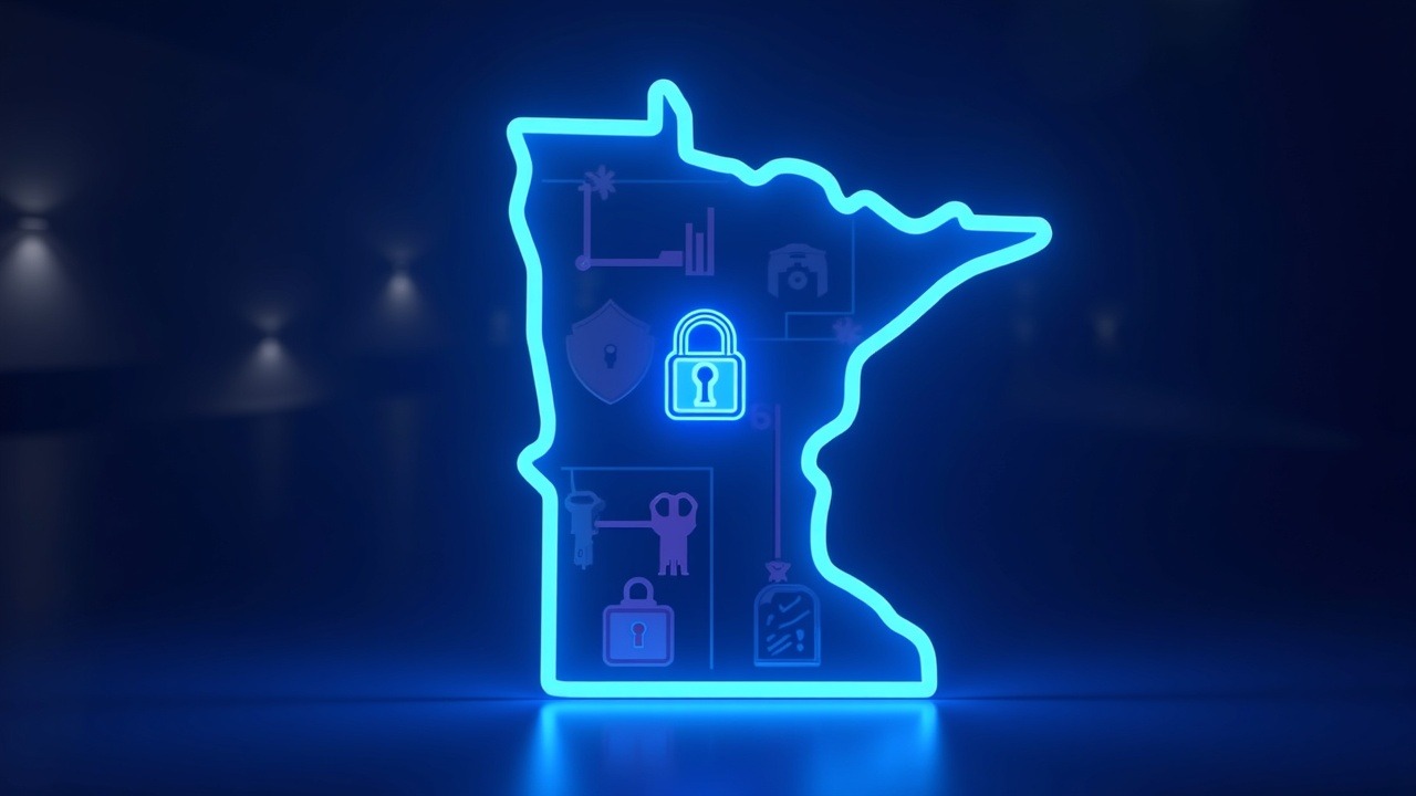Neon Minnesota state outline surrounding a secure crypto vault with bank and credit union silhouettes and digital keys.
