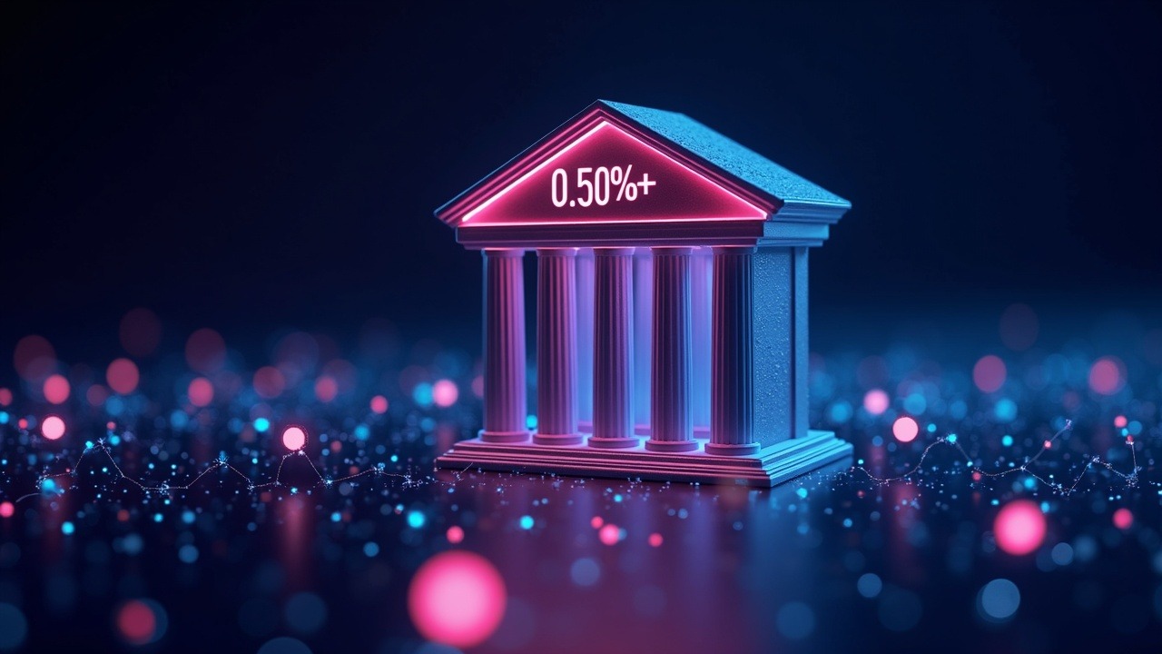 Neon-lit bank silhouette merging with a glowing crypto network, 0.50% fee tag, futuristic finance scene.