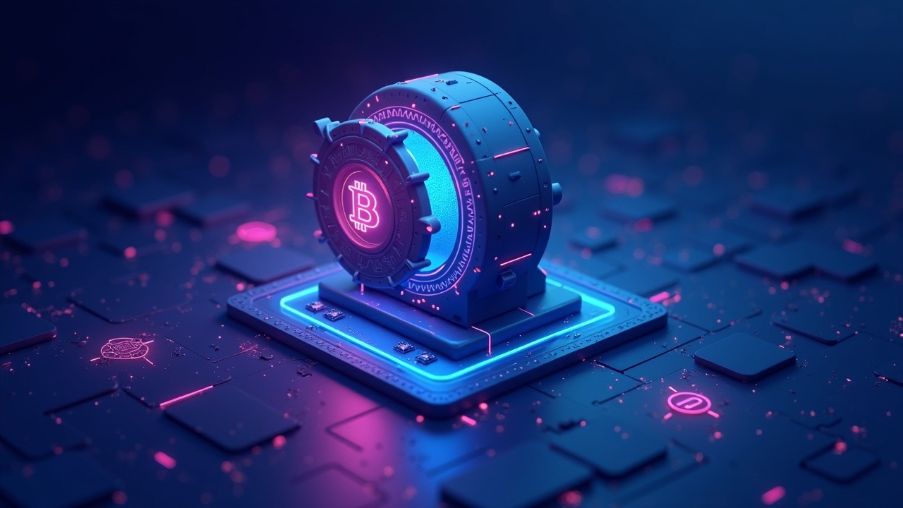 Neon illustration of a decentralized, non-custodial vault on Morpho with WBTC and weETH collateral, on-chain risk controls.
