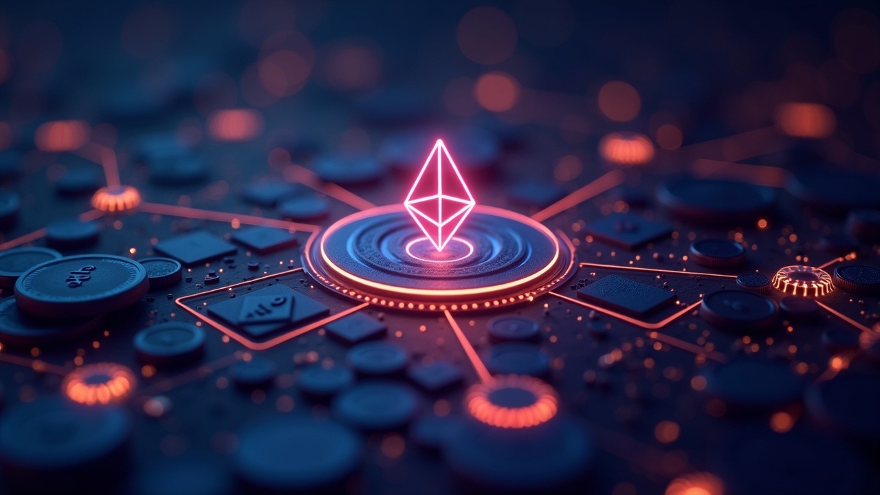 Neon-lit 3D illustration of on-chain real-world asset tokenization, showing Ethereum as a hub and institutional funds.