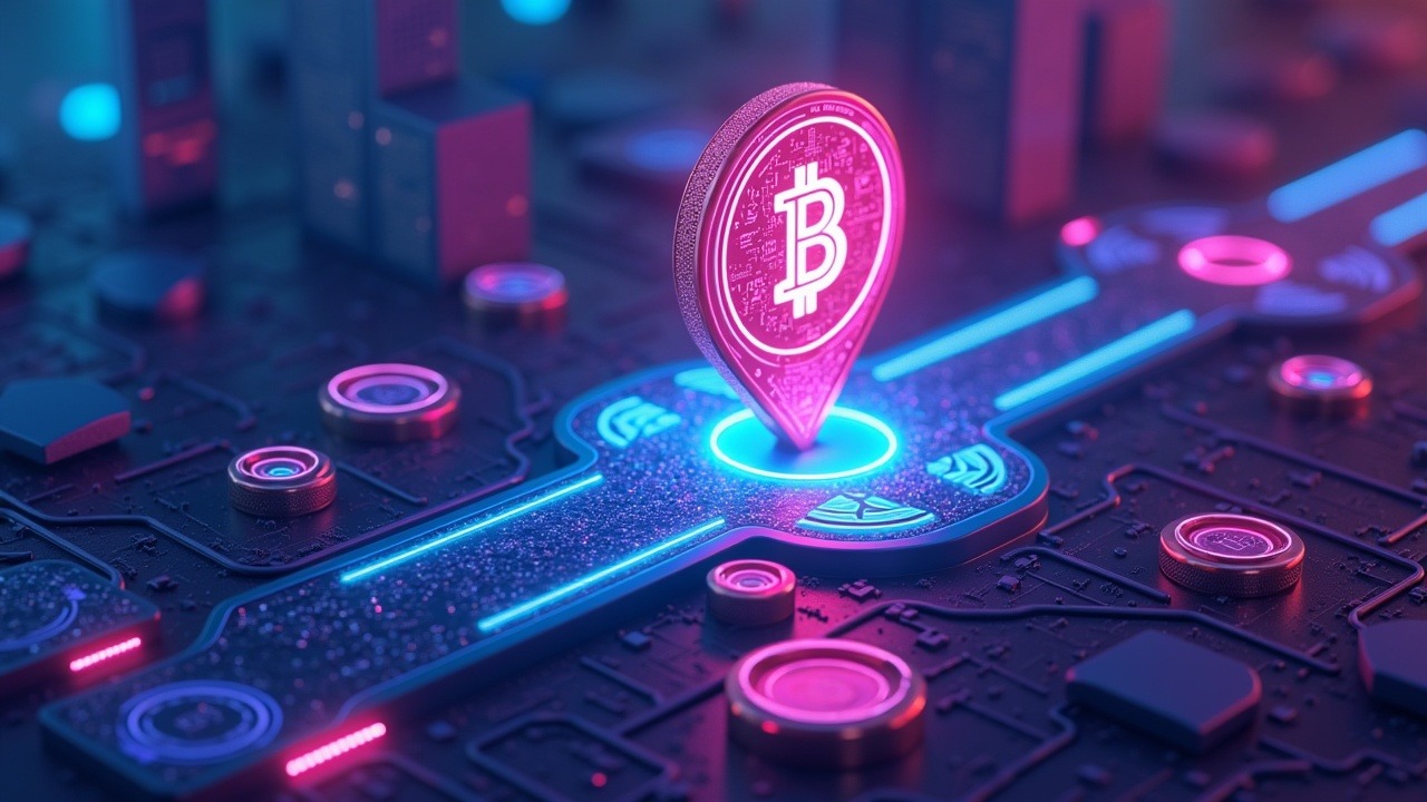 Neon-lit illustration of tokenized real-world assets on-chain with automated compliance, custody rails, and a central token icon.