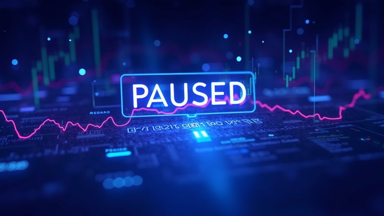 High-tech illustration of a paused SEC prediction-market ETF launch with neon glow, holographic feeds, risk notes, and an analyst.