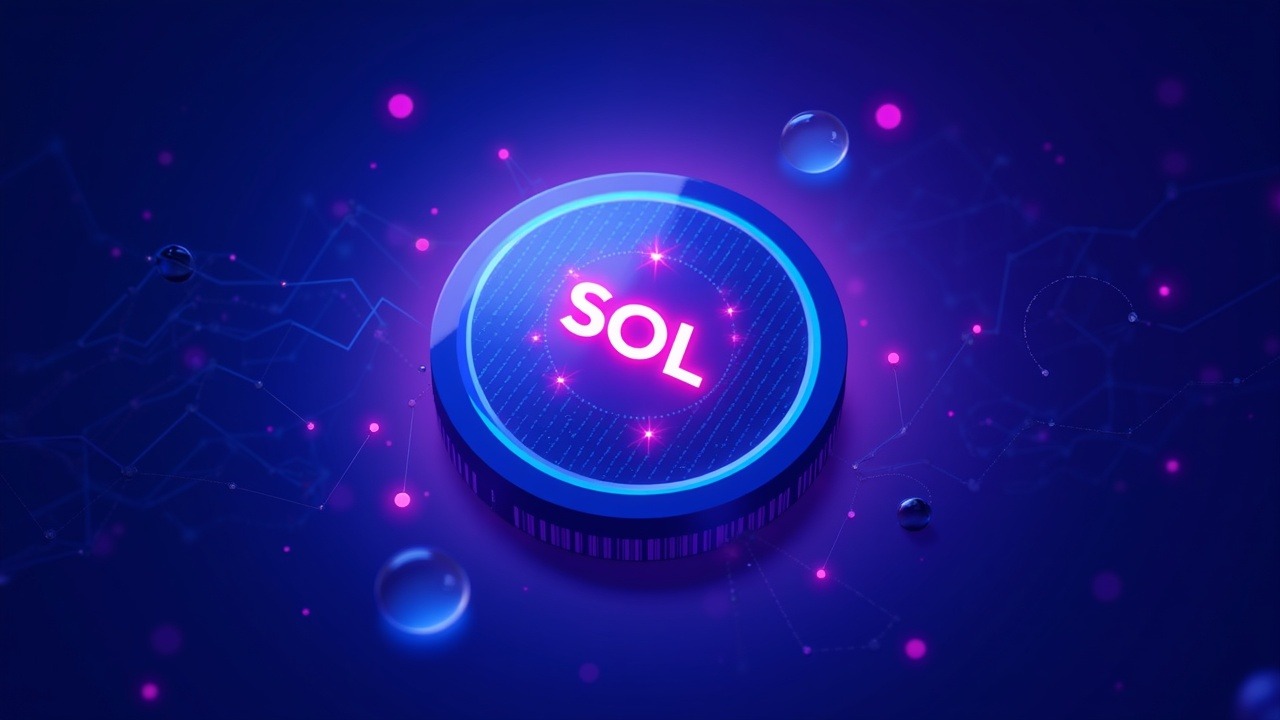 SOL token glowing in neon blue and purple over a digital ledger backdrop, evoking on-chain treasury sales market pullback