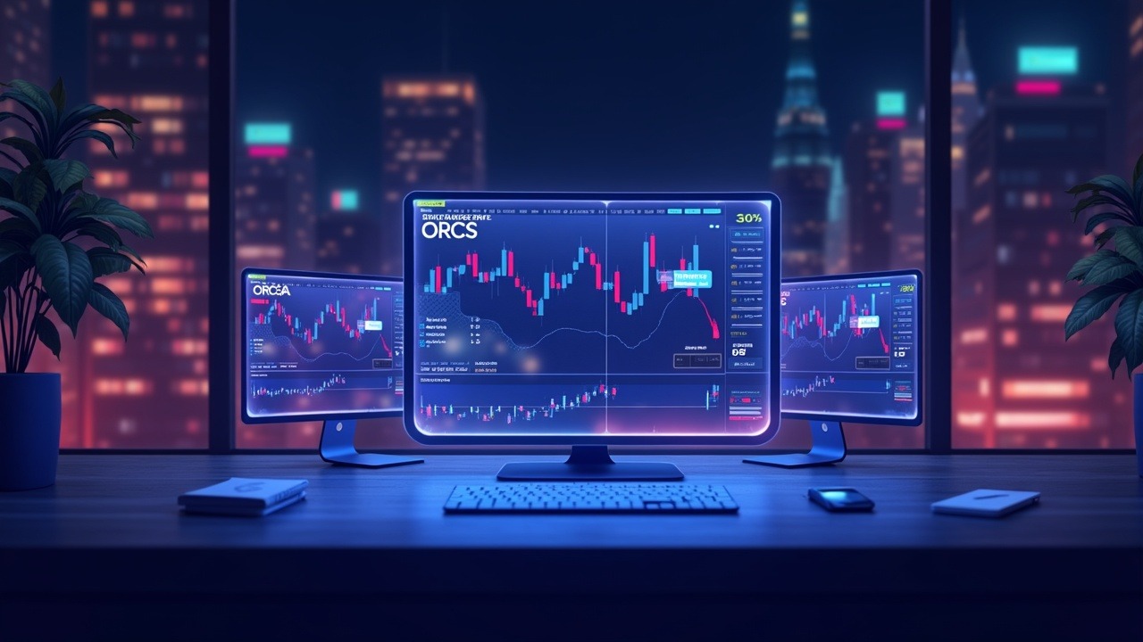 Neon South Korea crypto header with a futuristic trading desk and holographic screens showing ORCA, ZEROBASE, BIO volumes.