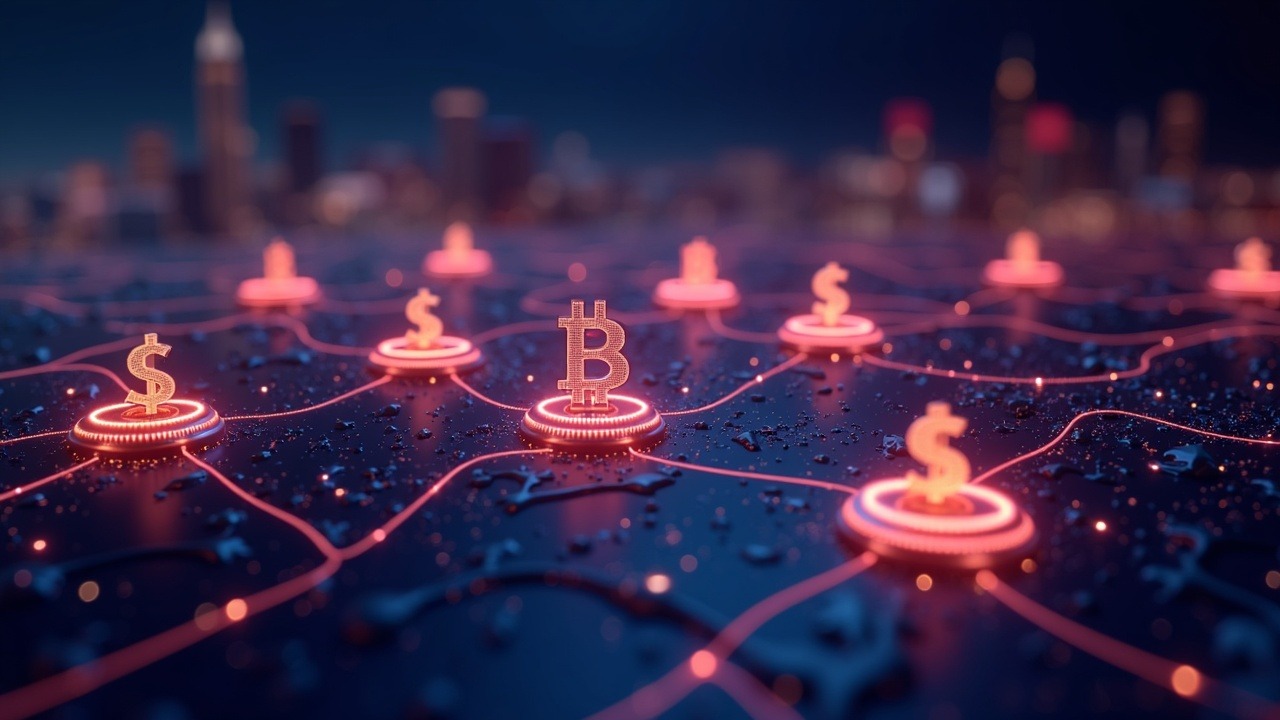 Seven glowing stablecoins flow through a protocol network, highlighting Address Balances and zero-fee transfers on Sui.