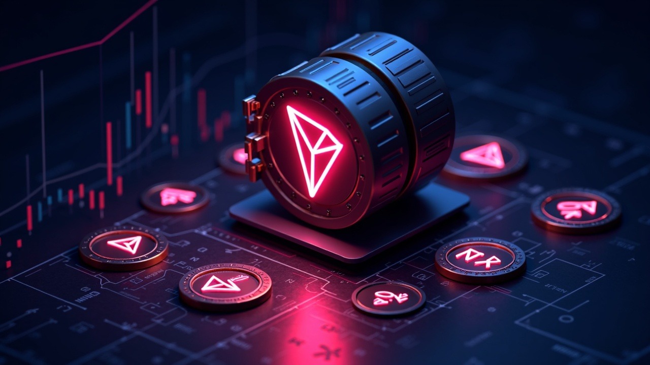 Neon, high-fidelity illustration of a Tron TRX treasury vault with glowing tokens and on-chain references.
