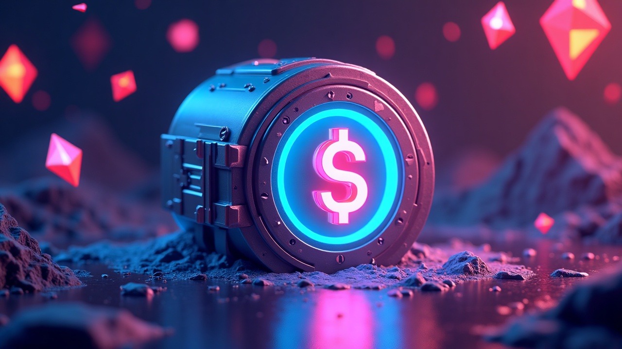 Neon 3D illustration of a USDT0 vault on Morpho via StableEarn, with Gauntlet Balanced yield branding and crypto logos.