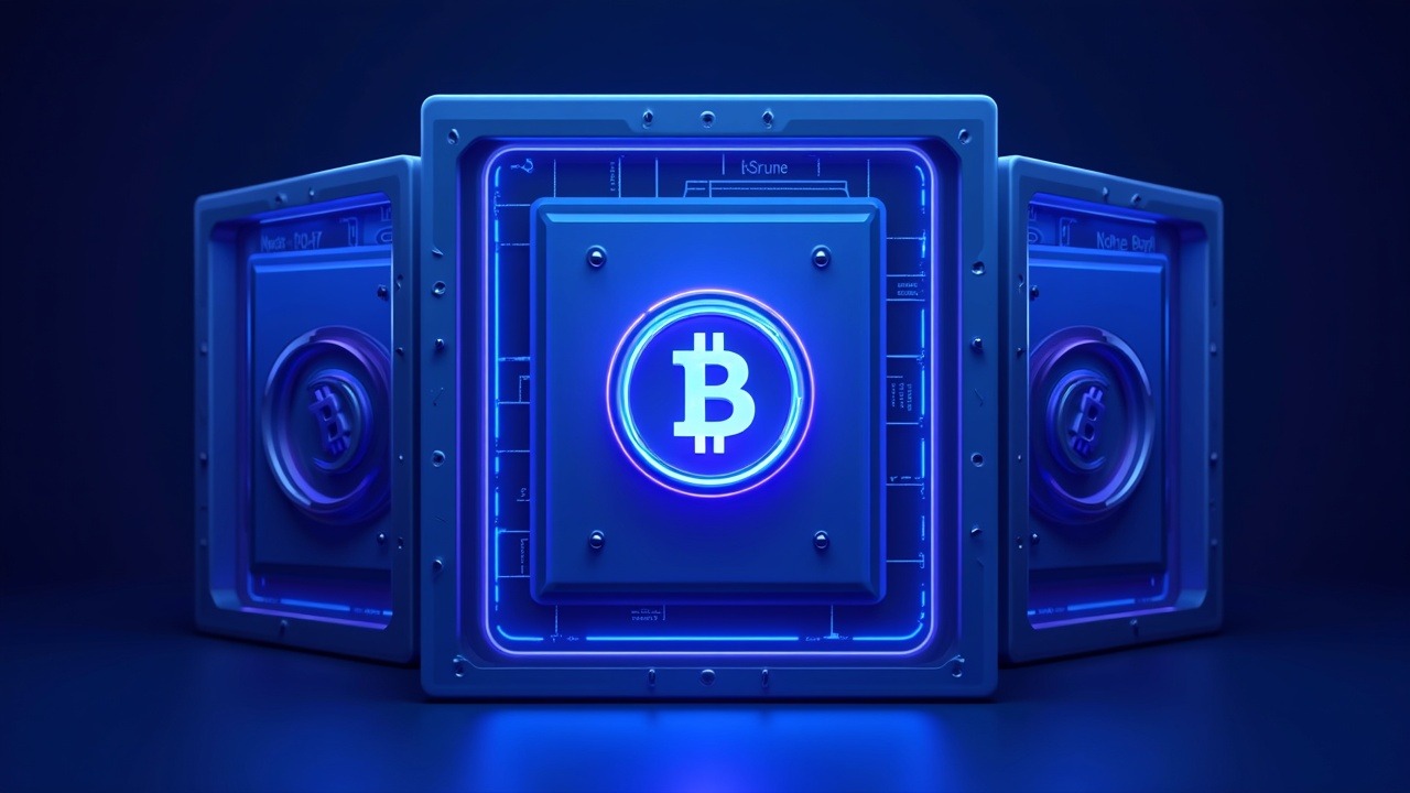 Neon-lit illustration of a secure Bitcoin reserve vault with a digital interface and central Bitcoin symbol