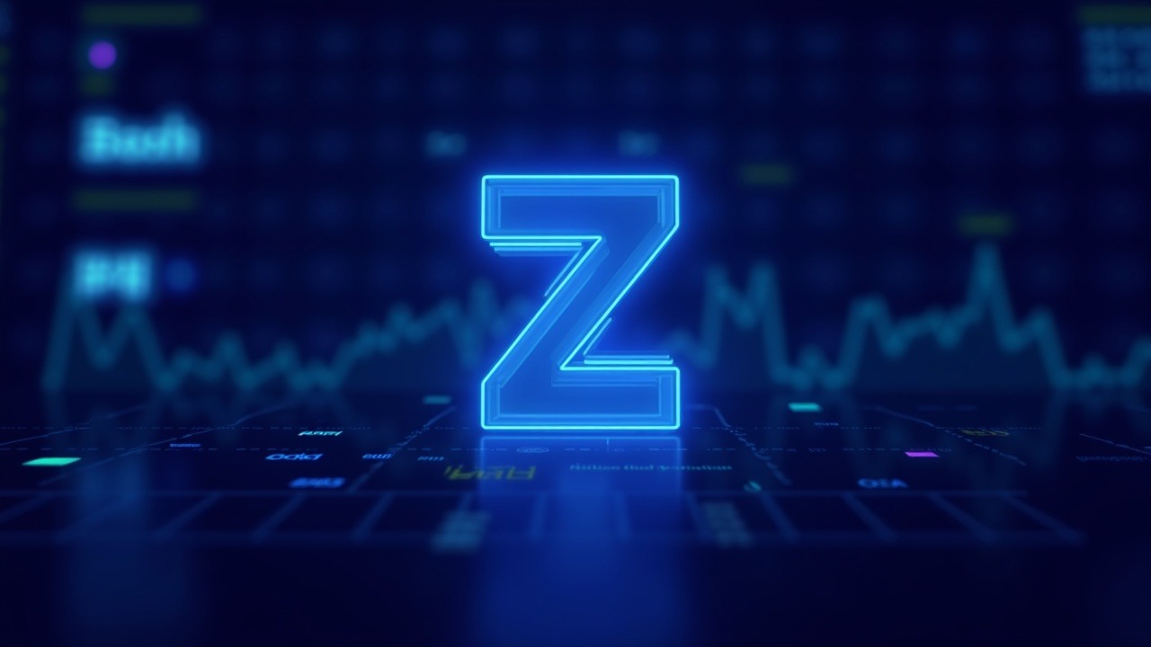 Neon-lit Zcash logo center, subtle 3D glow, set against blurred crypto dashboard in blue-cyan and purple.