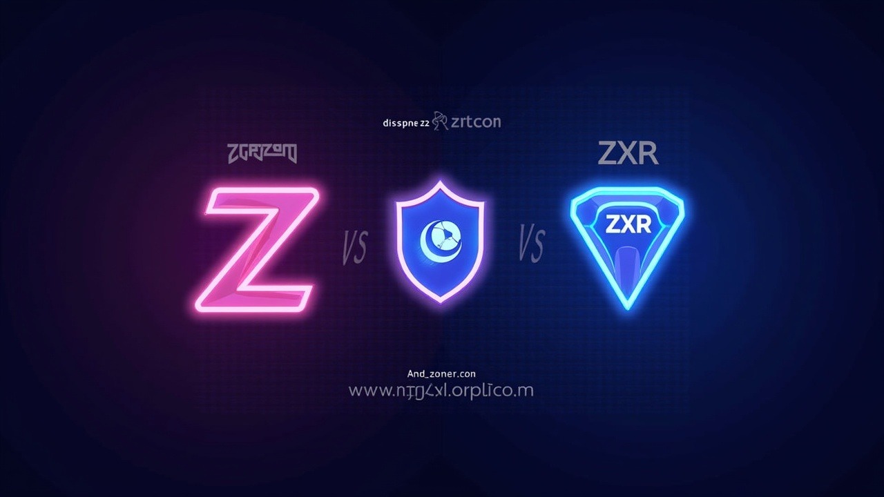 Neon crypto header showing ZYR vs ZXR brands with a shield, contract address, and warning glow.
