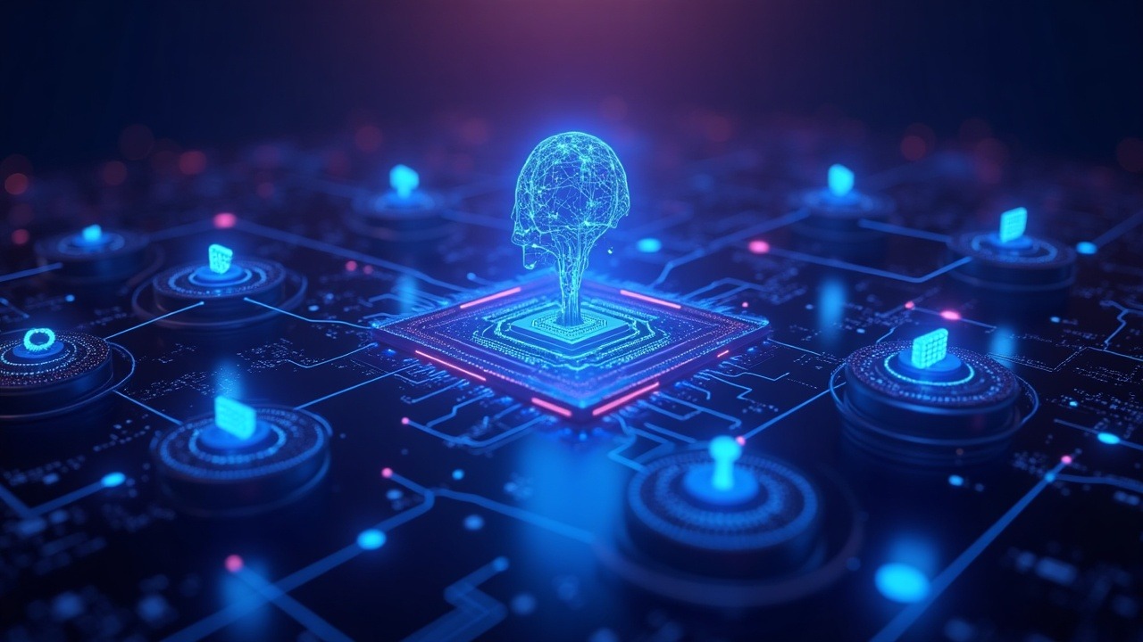 Neon crypto illustration of autonomous AI agents linked to blockchain infrastructure with interconnected nodes and AI chip icons