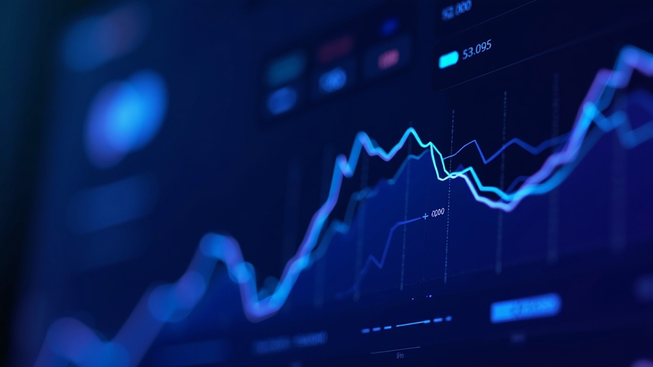 Futuristic Algorand network dashboard with neon blue and purple graphs, validators, and on-chain activity.