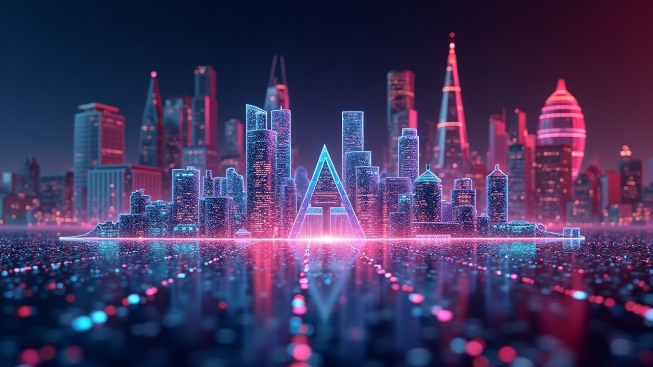 Neon London skyline with diverse founders around a holographic programmable-economy chart, with Arbitrum branding.