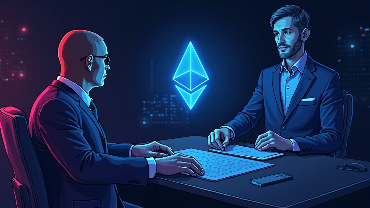 Neon-lit illustration of a traditional fund manager overseeing a tokenized fixed-income fund on Ethereum and Solana with BNY