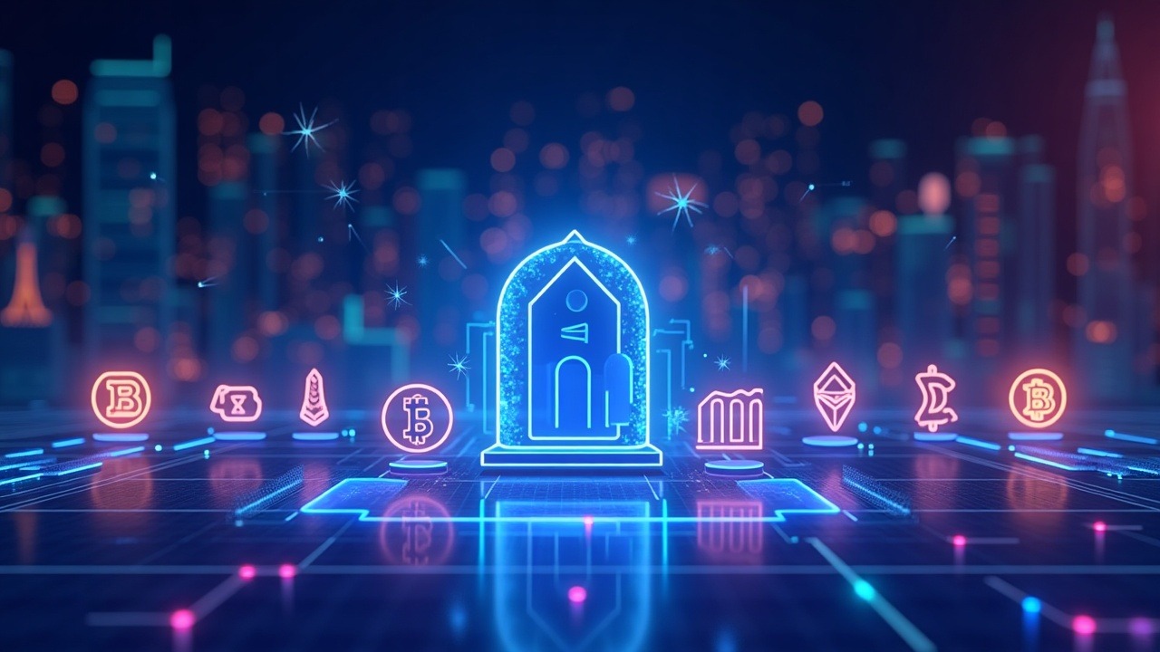Neon crypto exchange illustration with seven fading trading pairs, central BTC and ETH icons, and a delisting gate.
