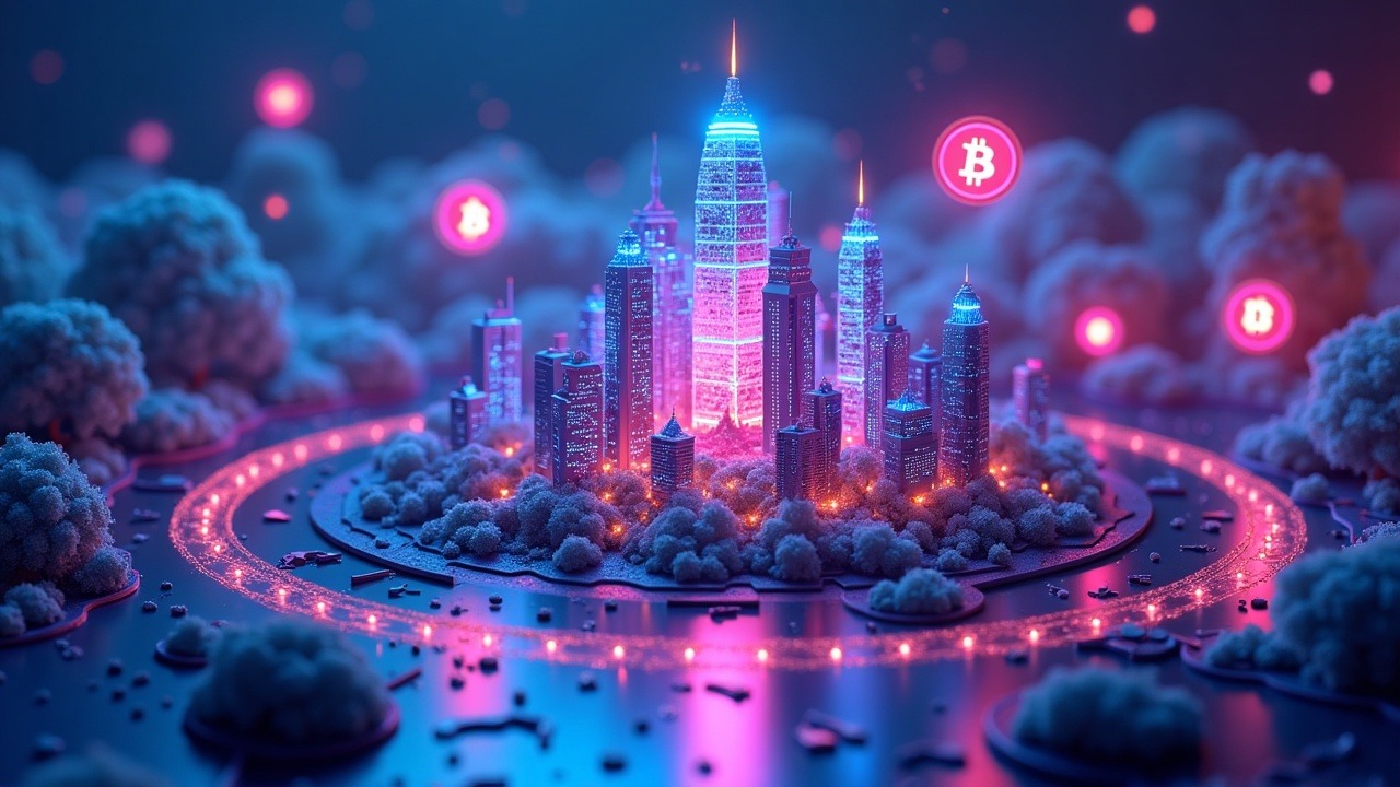 Neon cityscape with floating ordinals tokens and glowing blue-pink microtransactions in a futuristic blockchain scene.