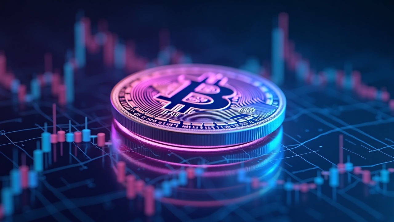 Neon 3D Bitcoin illustration in a risk-off glow with blue-cyan-purple lighting signaling ETF outflows and unwind.