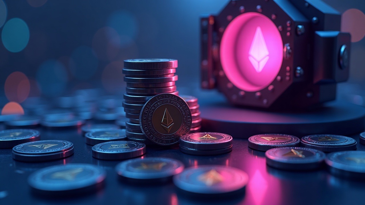 Neon-lit illustration of ETH transfer from BitGo to Bitmine, with stacked tokens and a glowing 3D vault.