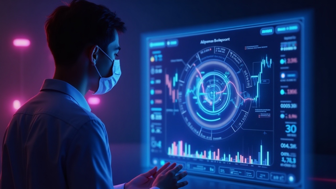 Holographic AI advisor analyzes a crypto portfolio on a glowing Coinbase-style dashboard.