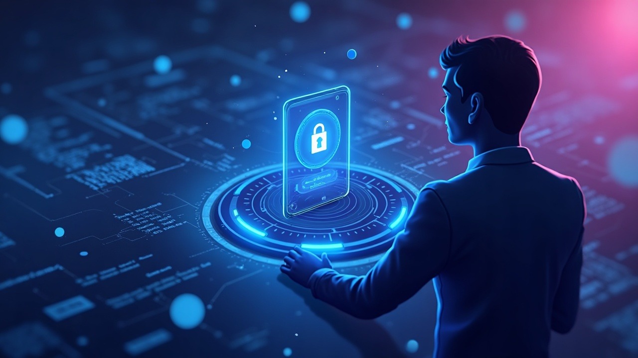 Neon-lit mobile crypto wallet showing a seed phrase, streaming code, and a security analyst silhouette.