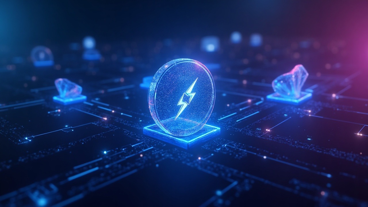 Neon illustration of a lightning node upgrading from legacy pay to xpay with a quantum-resistant shield and blue glow.