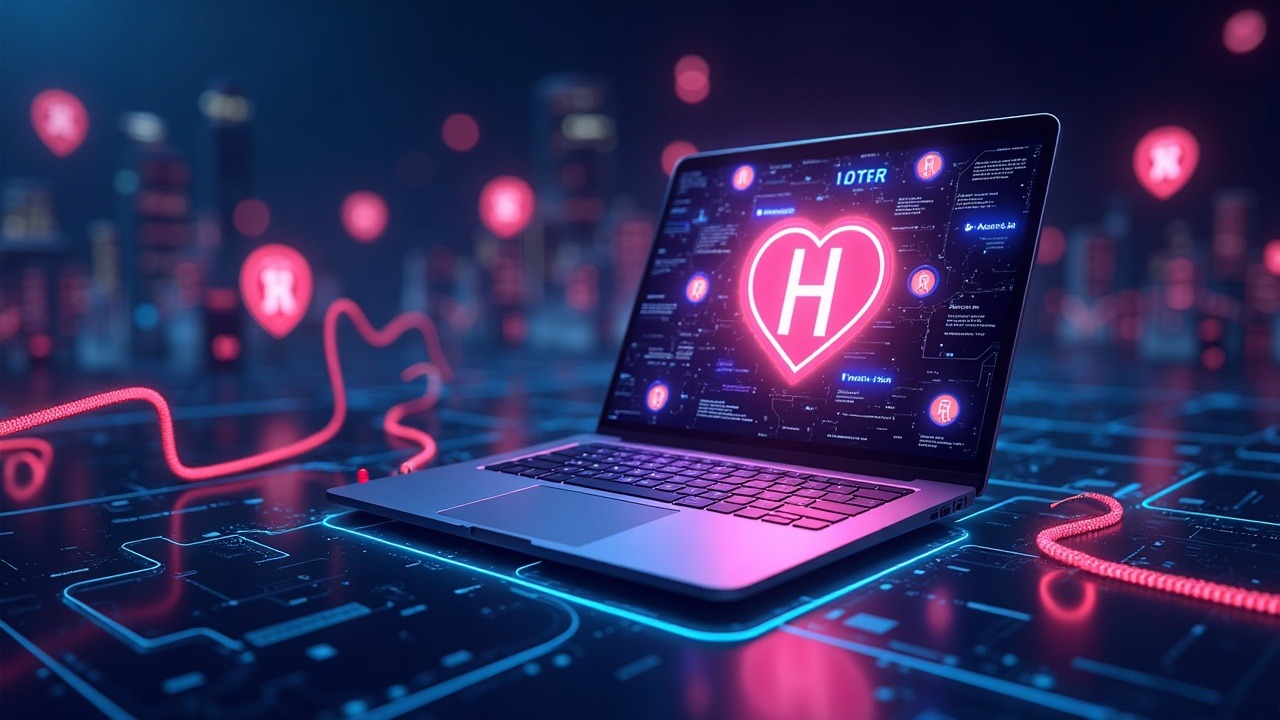 Neon-lit cross-chain bridge breach with a compromised laptop exfiltrating private keys and H tokens to a DeFi exchange.