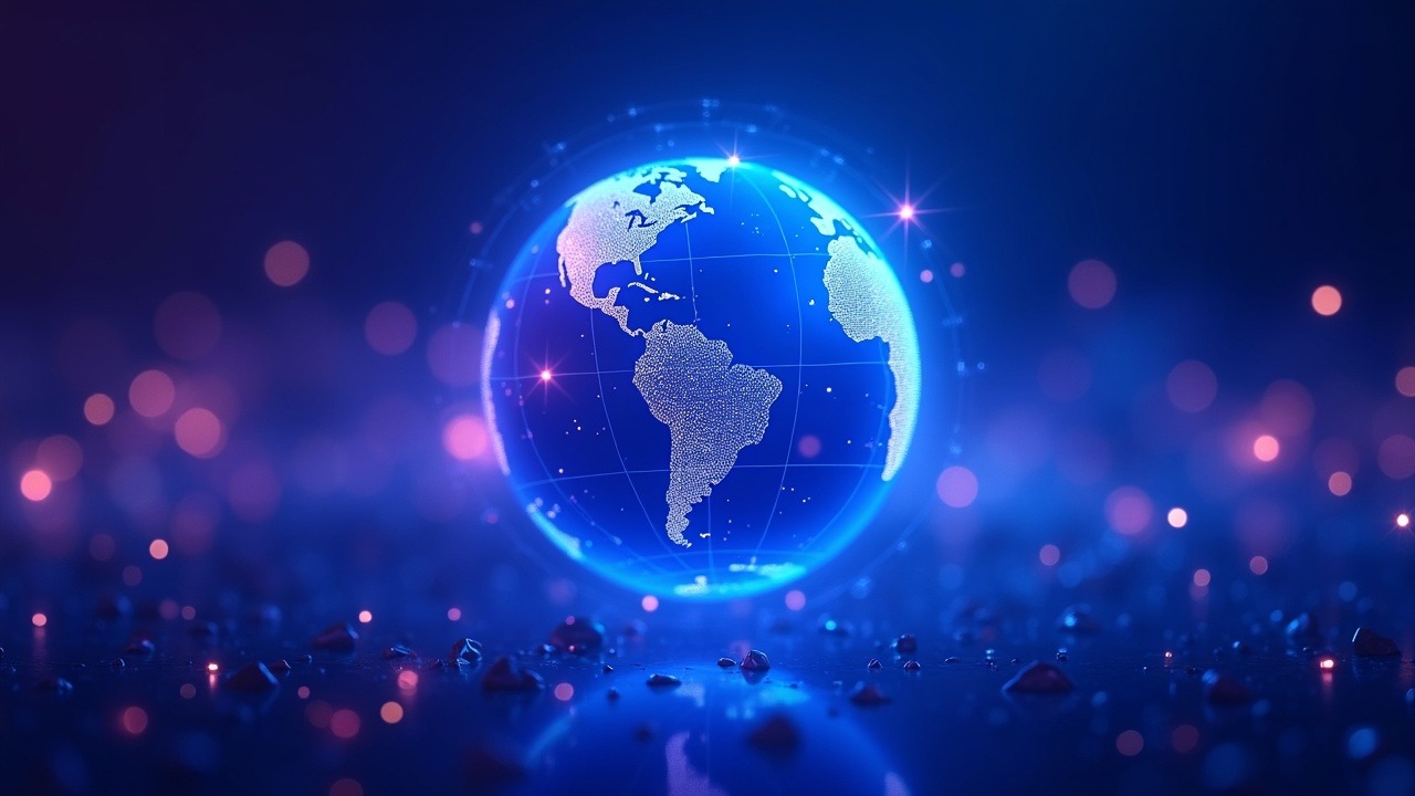 Neon globe with interconnected oracle nodes powering a transparent prediction market interface in blue, cyan, and purple glow.