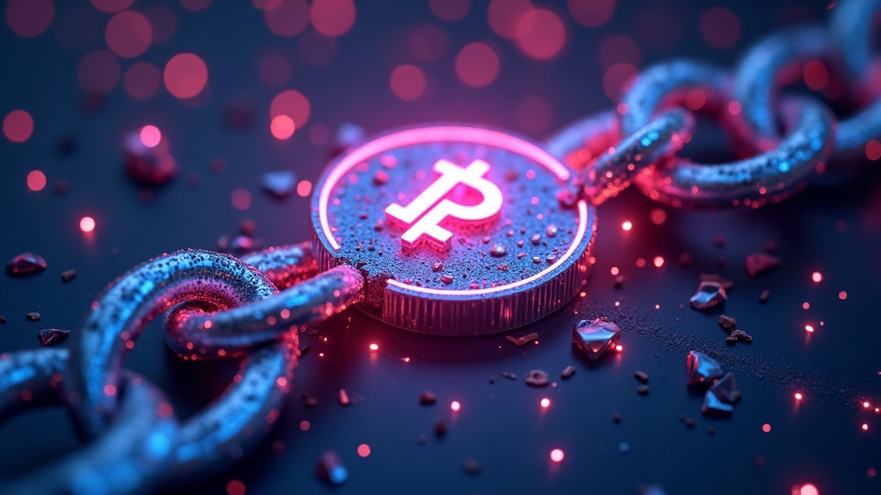Fractured DIP token icon over a glowing BNB Chain outline, with neon blue-pink bokeh, sparks and digital debris.