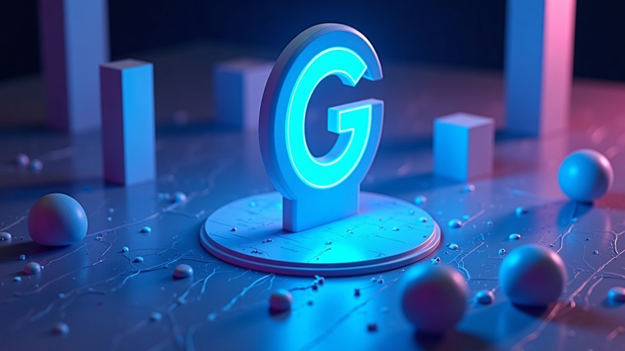 Neon crypto artwork with a central GCOIN glyph, abstract exchange pillars, and a blue-cyan-purple glow in 3D realism.