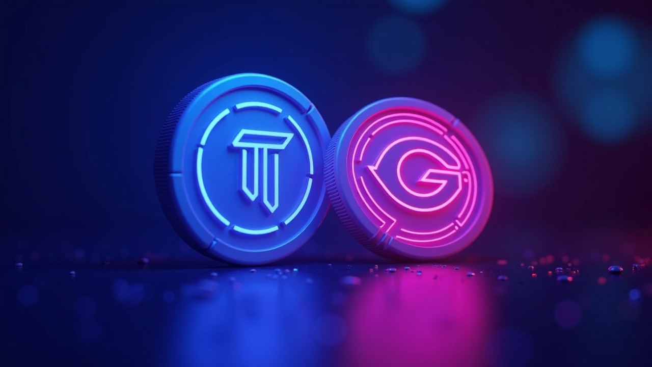 Neon 3D scene of TON morphing into GRAM at a crypto exchange, showing a 1:1 token swap with blue and magenta glow.