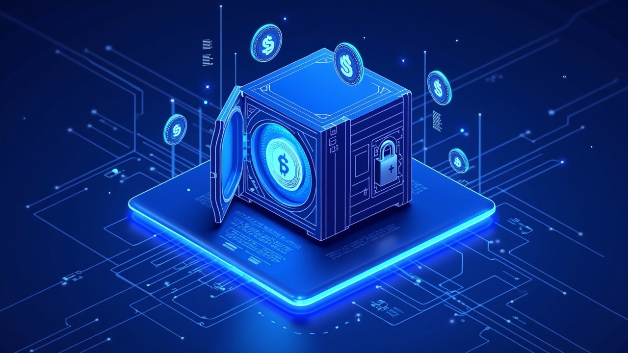 Futuristic onchain stablecoin reserve fund with a secure vault, holographic ledgers, and floating coins.