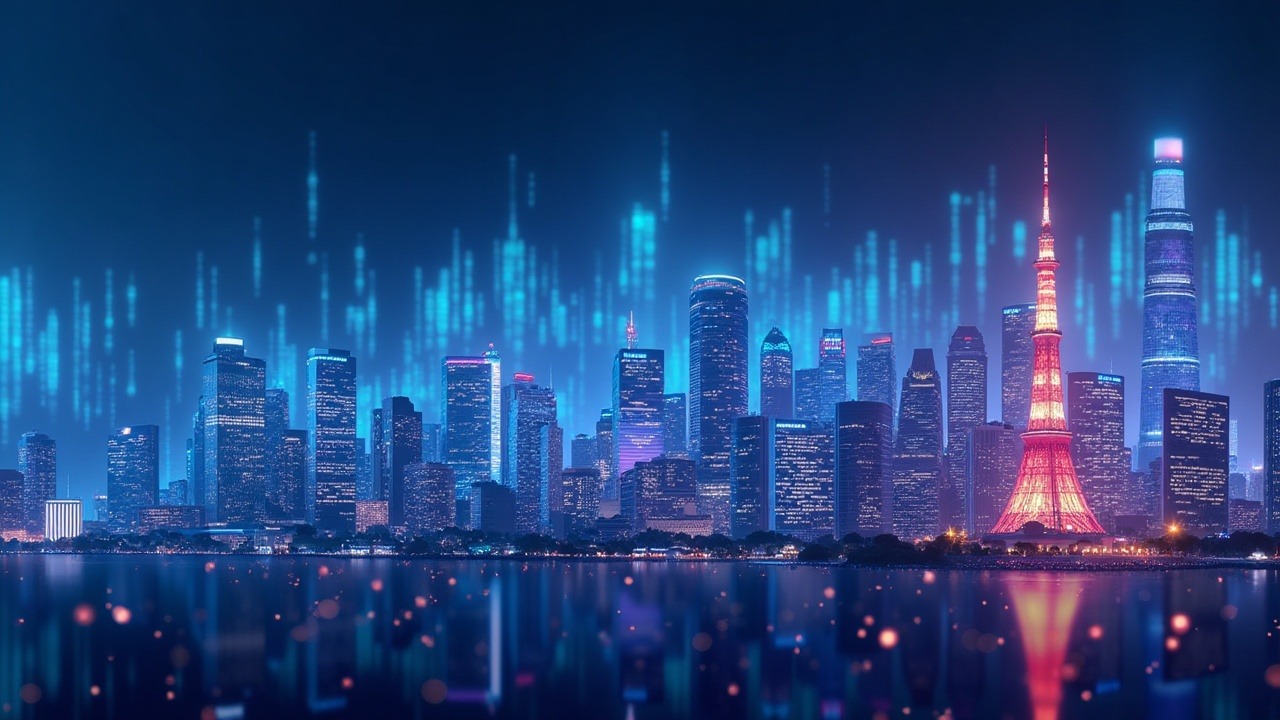 Neon-lit Tokyo skyline with crypto tokens merging into stock charts under a blue-cyan purple glow.