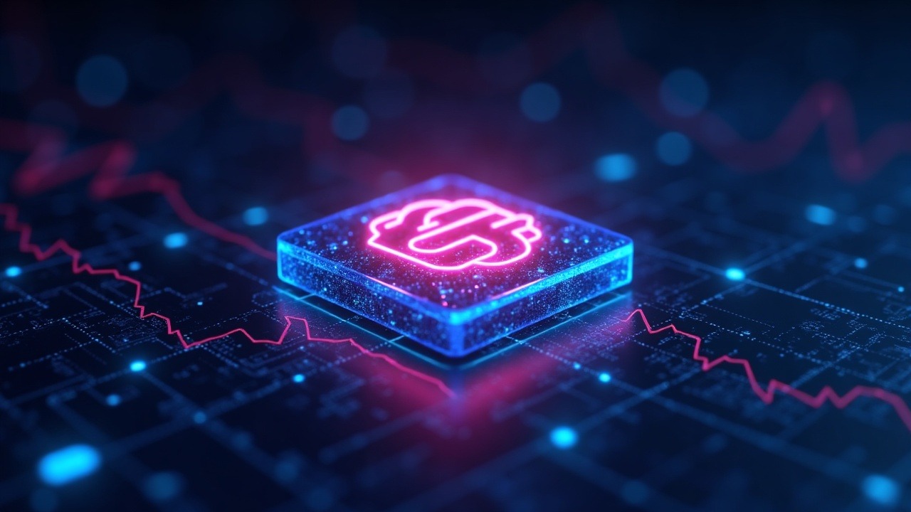 Neon KONET token logo centered on a 3D blockchain grid with an exchange-inspired blue-cyan-pink backdrop