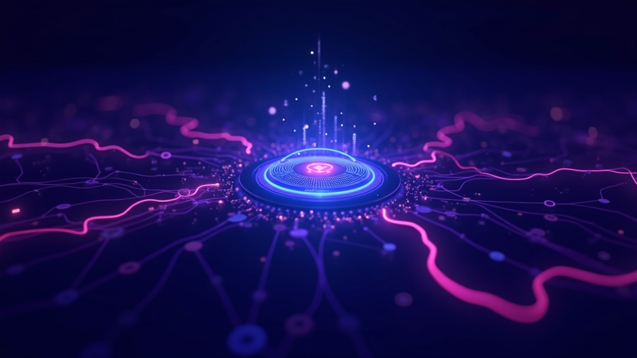 Neon crypto illustration: central digital address, glowing connection lines, and a fading risk decay graph.