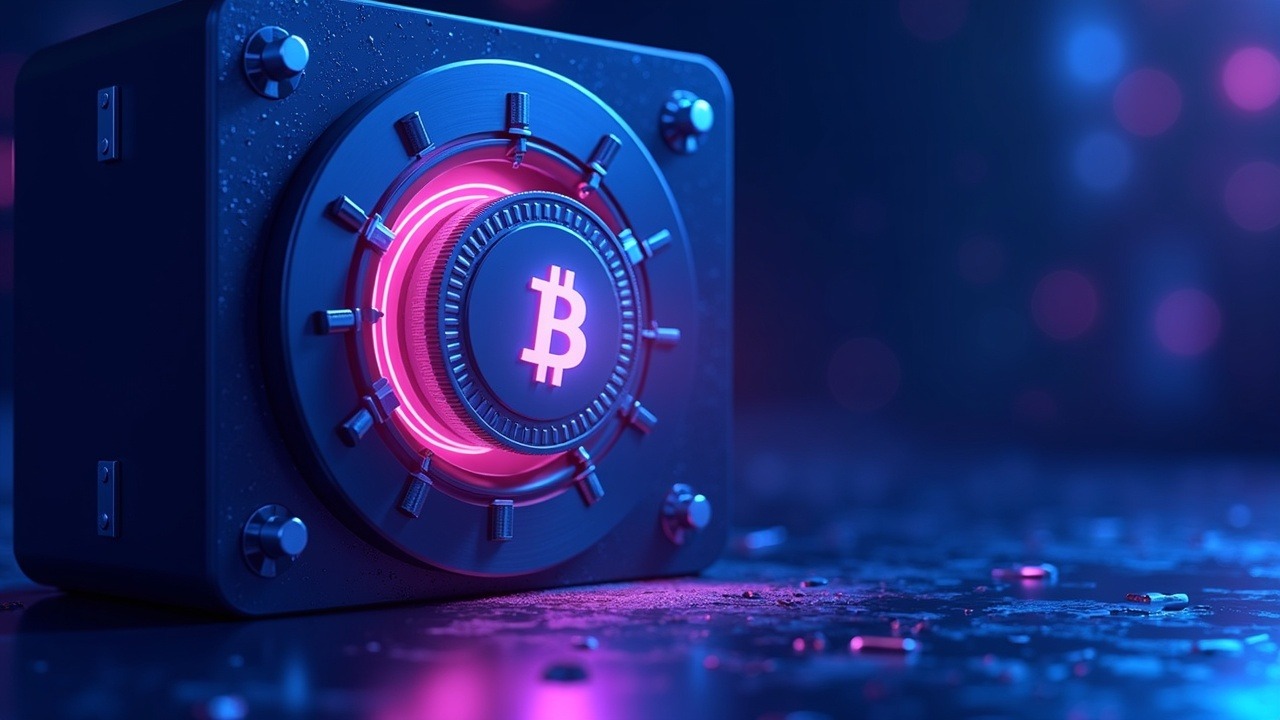 Neon crypto art showing Mt. Gox-style Bitcoin entering a cold-wallet custody vault with cyan and purple lighting.