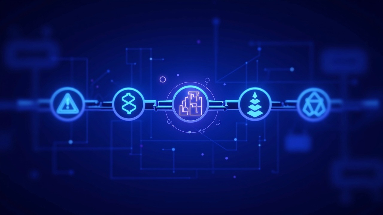 Neon Chainlink illustration connecting six service icons to four blockchains via glowing threads in blue cyan and purple.